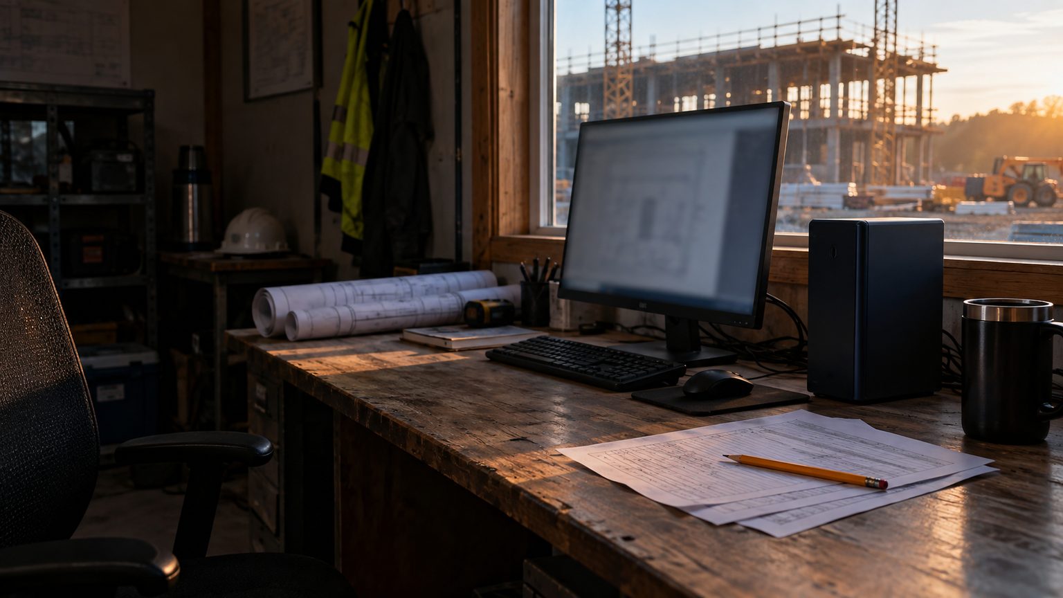 A field office desk at sunrise with a monitor showing a drawing, a small tower computer, rolled drawings and a marked-up log sheet, the steel frame of the job visible through the window.