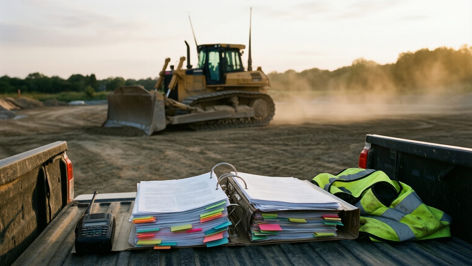 A tabbed paper submittal binder open on a pickup tailgate while a GPS-guided dozer grades the pad behind it.