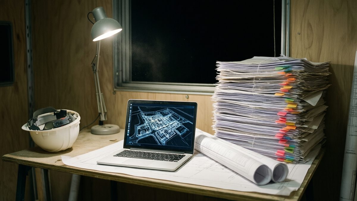 A laptop showing a site model on a field trailer desk, beside a knee-high stack of tabbed paper specs and rolled drawings.