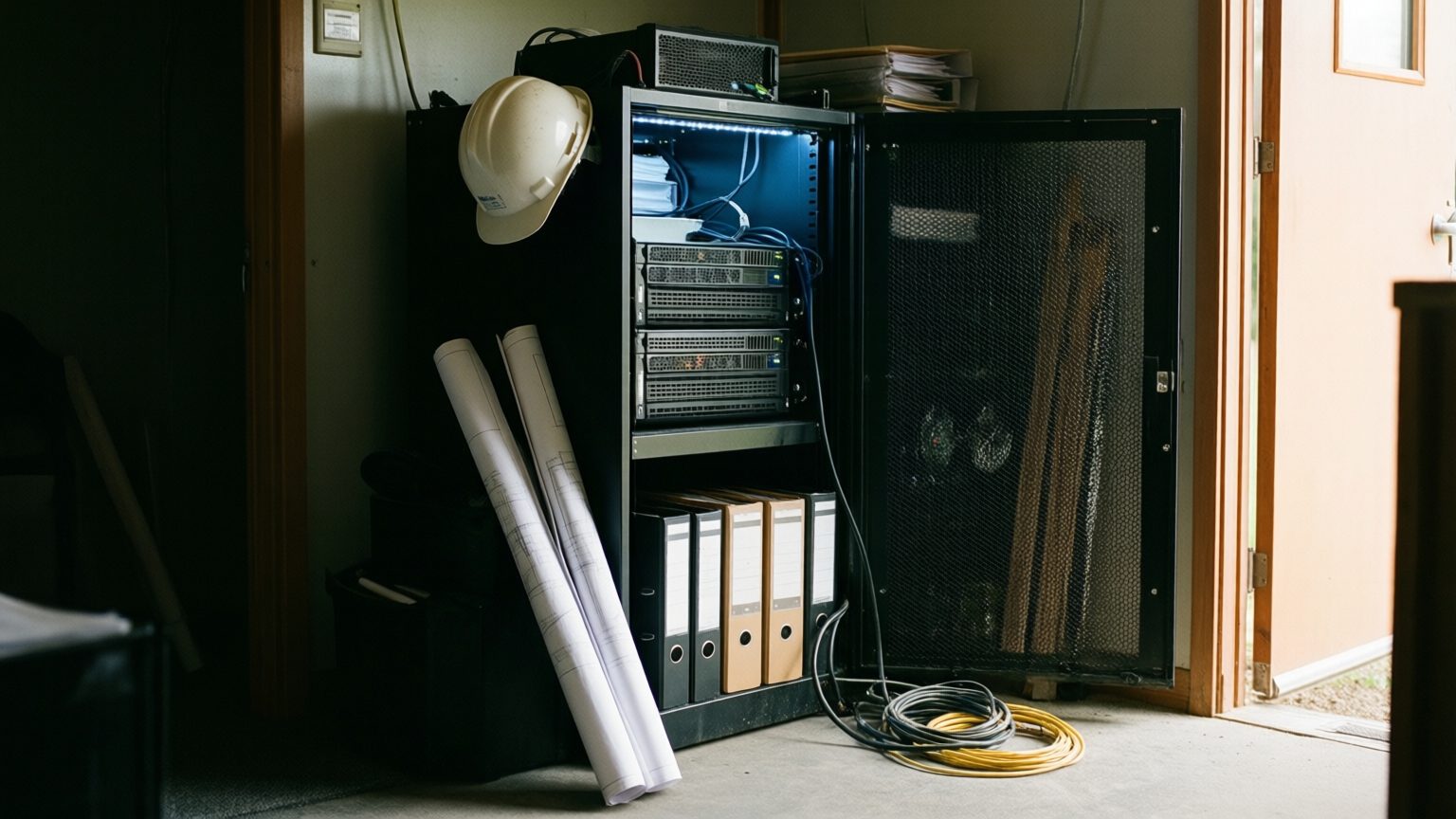 A short black server rack in a contractor's trailer office, its mesh door ajar, a white hard hat hooked over the corner, rolled drawings and tabbed binders leaning against it, and coiled cable on the floor.