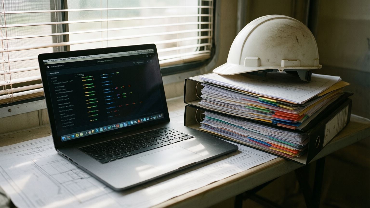 A laptop open on a field trailer desk showing a dark status list interface, beside two fat ring binders stuffed with paper and dozens of colored index tabs, a scuffed white hard hat resting on top and drawings spread underneath.