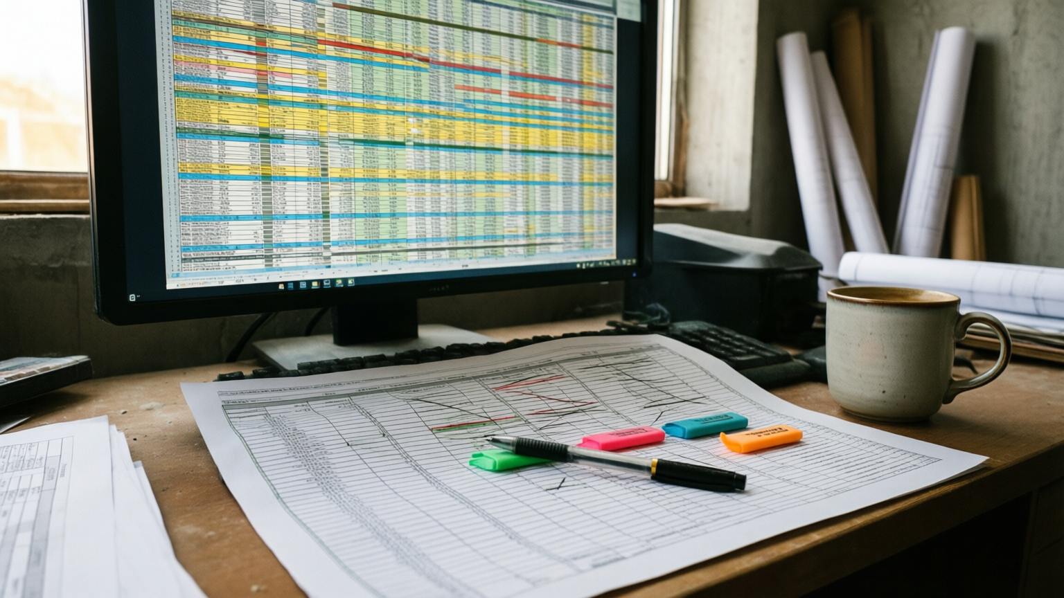 A monitor filling a jobsite desk with a dense color coded spreadsheet of tiny rows, a large printed grid sheet below it with four highlighters and a pen lying across it, a coffee mug and rolled drawings to the right.