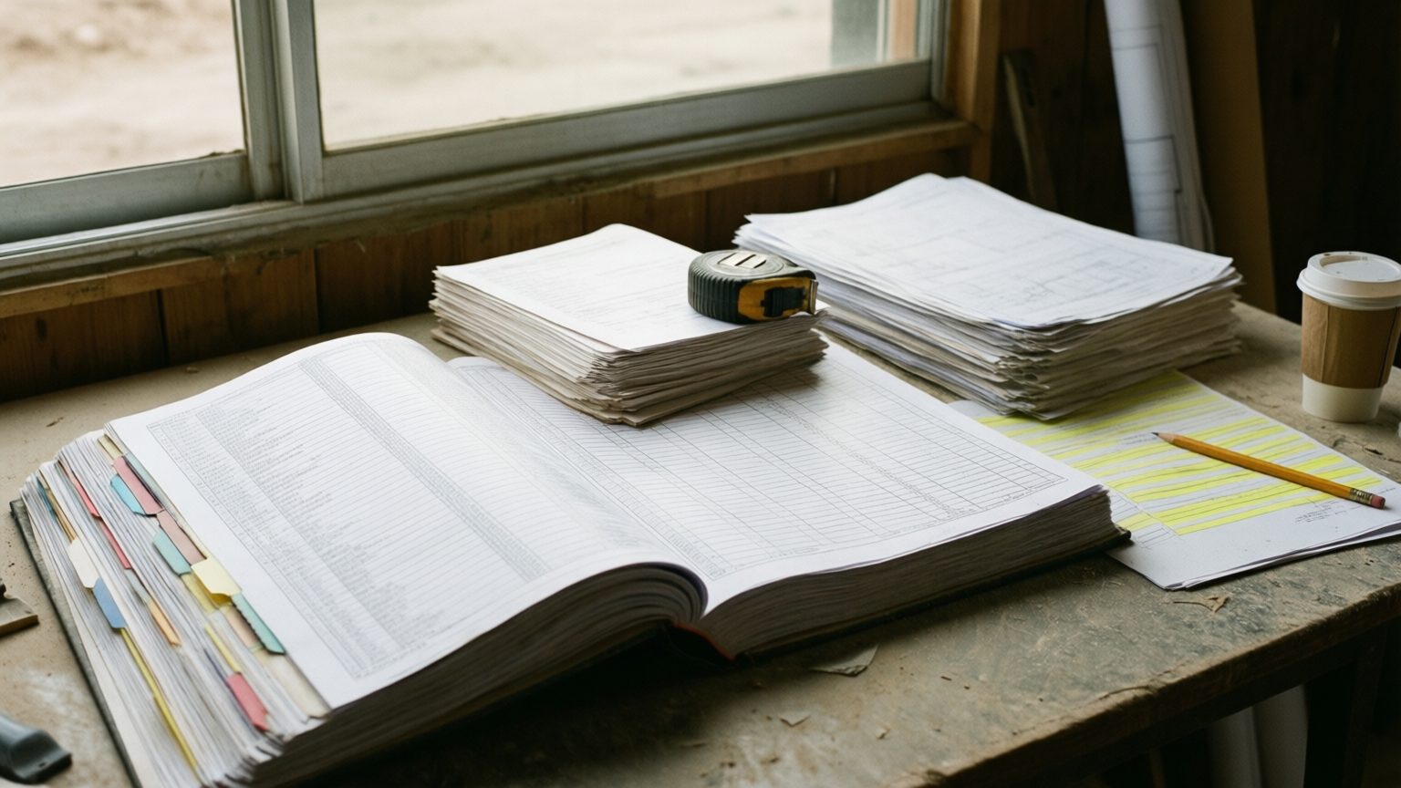 A thick project manual lying open on a field trailer desk with colored tab dividers down its edge, two stacks of printed product data sheets behind it weighted down by a worn steel tape measure, and a loose page striped with yellow highlighter beside a carpenter pencil.
