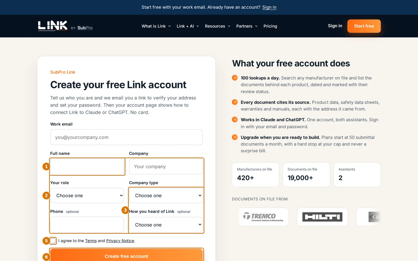 The Create your free Link account form