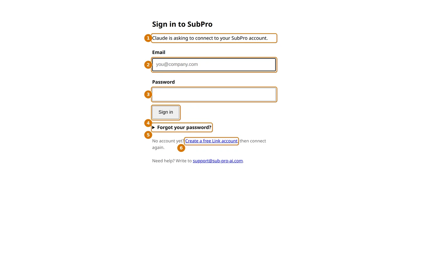 The SubPro sign in page shown when Claude connects