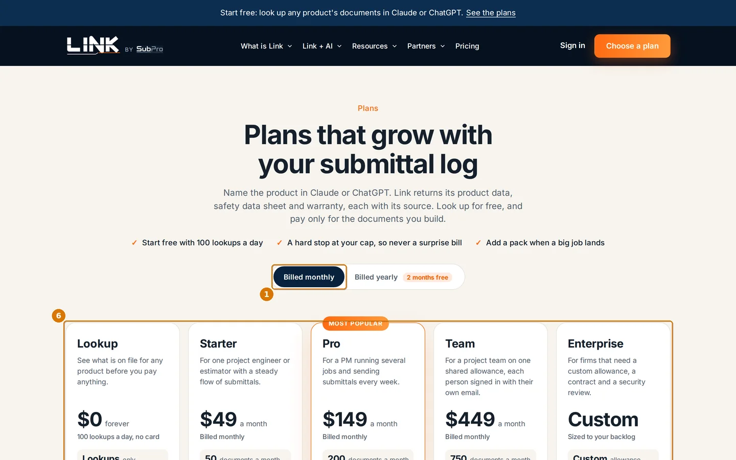 The Link pricing page with five plan cards