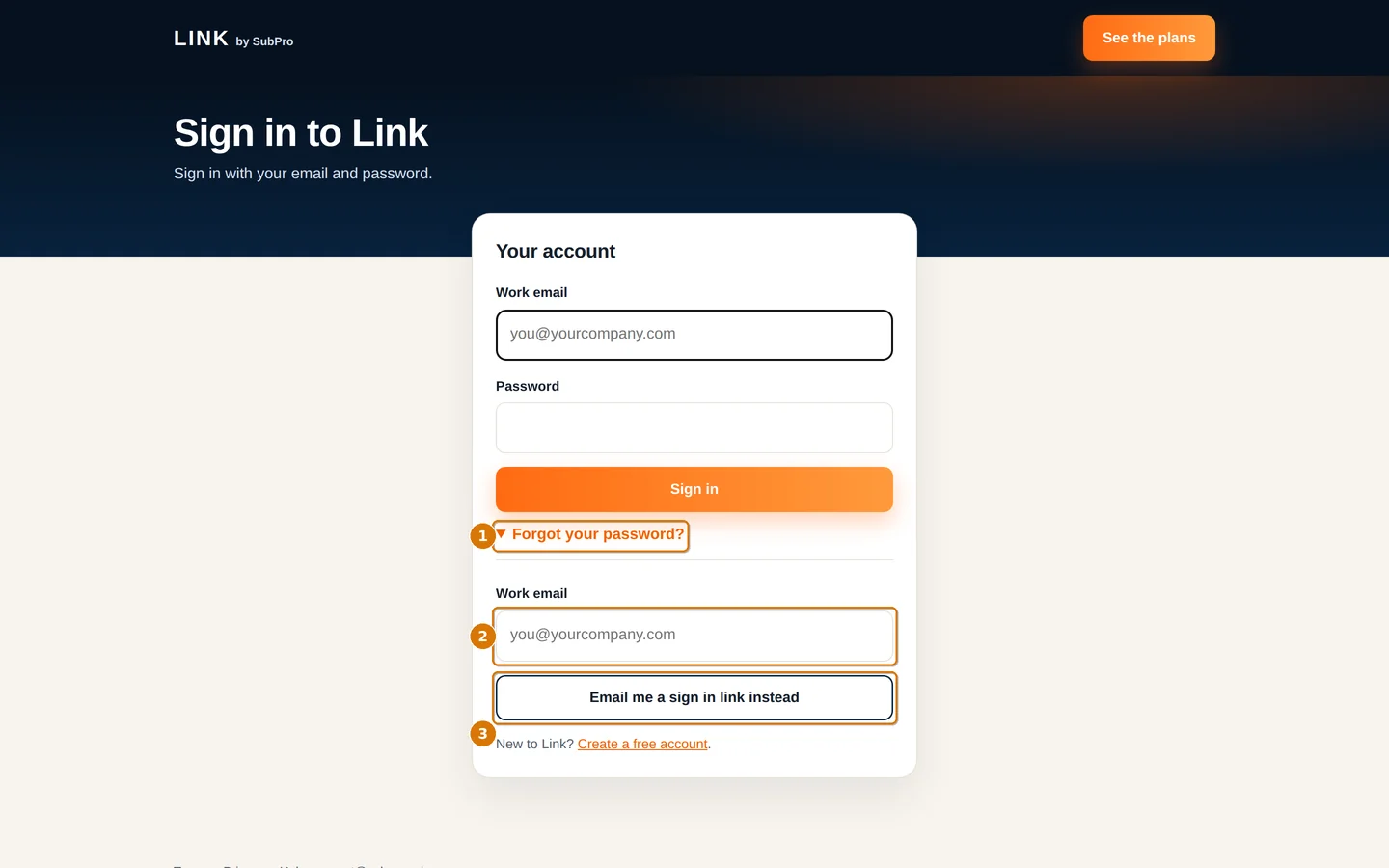 The sign in page with the emailed link option open