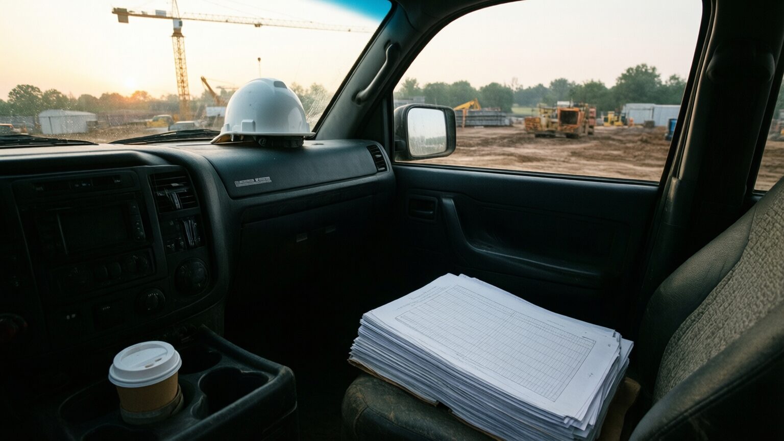 A pickup cab at dawn seen from the passenger side, a stack of printed log pages on the seat, coffee in the cupholder, a hard hat on the dash and a tower crane through the windshield