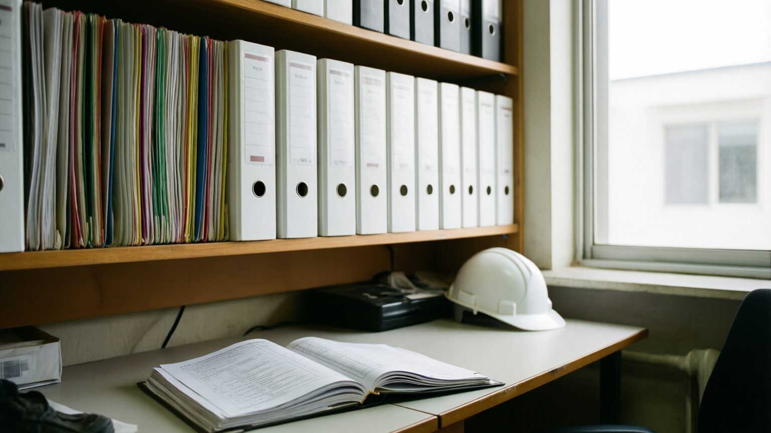 A site office shelf of white labelled binders beside a row of colored folders, one binder lying open on the desk below, a hard hat by the window