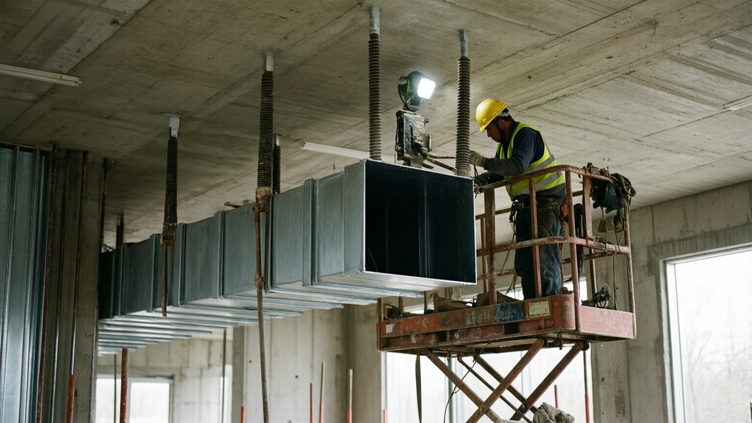A sheet metal worker on a scissor lift fastening a rectangular duct run hung on threaded rod under an exposed concrete deck, a work light clamped above