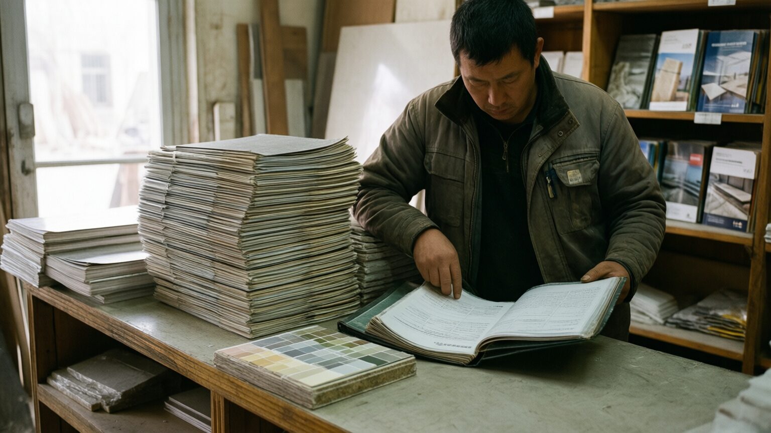A building supply counter with stacks of product catalogs and a paint chip board, a contractor in a work jacket reading an open catalog binder, a shelf of brochures behind him