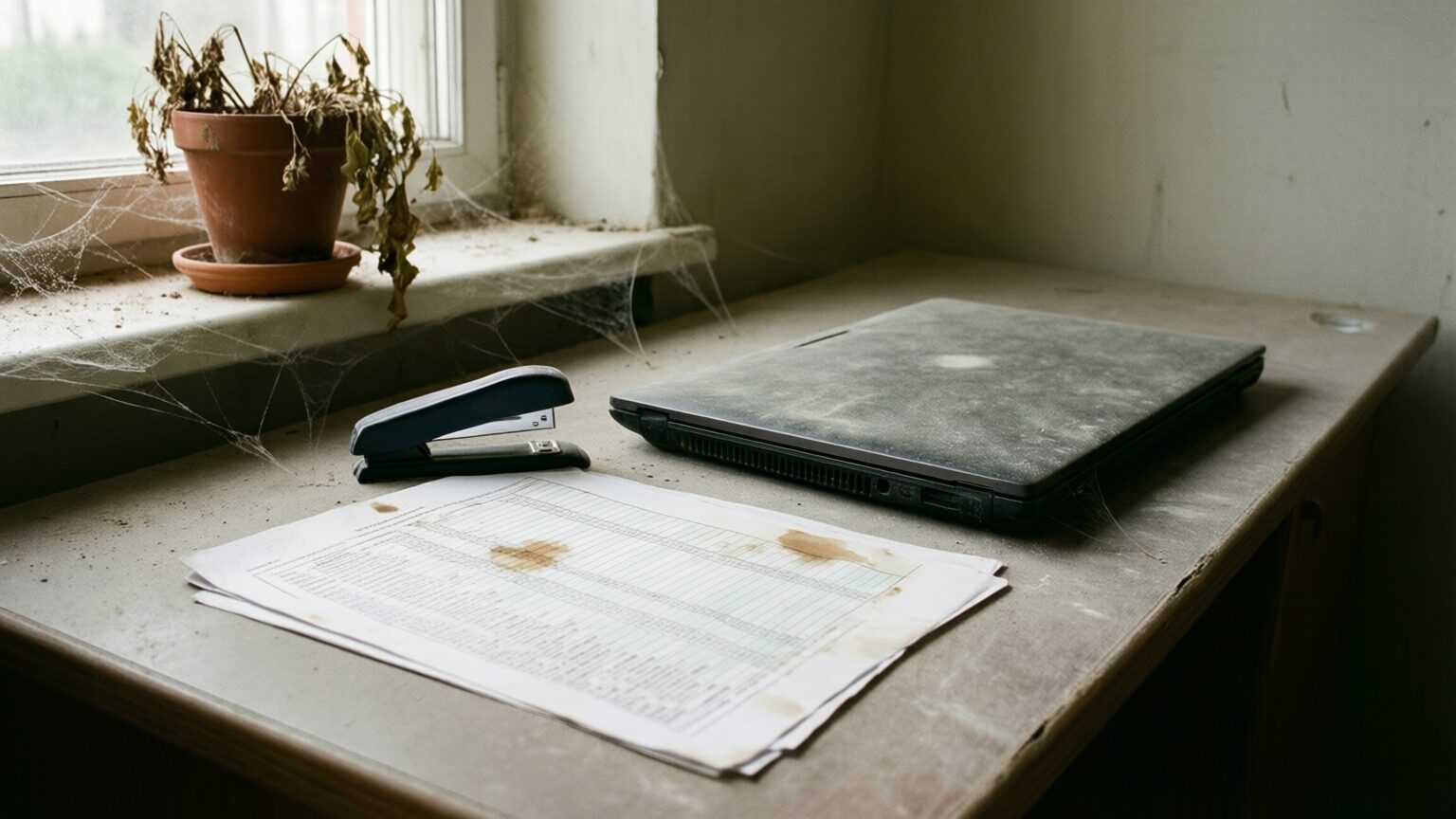 A dusty site office desk with a coffee-stained printed spreadsheet under a stapler, a closed laptop under a film of dust and a dead potted plant by the window