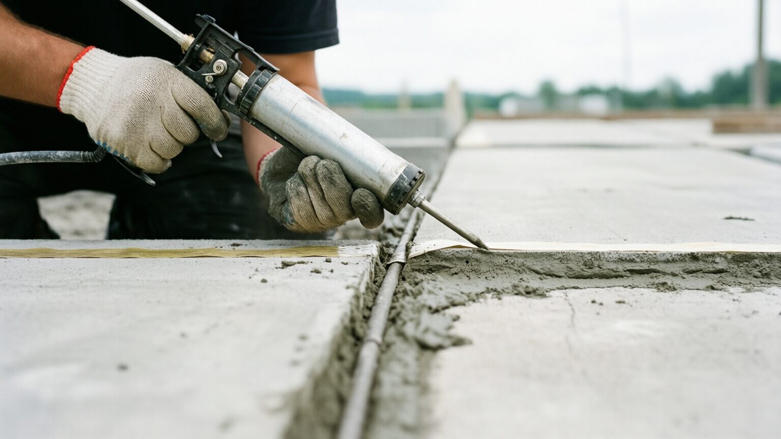 Gloved hands running a caulking gun along a joint between two concrete slabs, backer rod set in the joint and masking tape on either side, overcast daylight