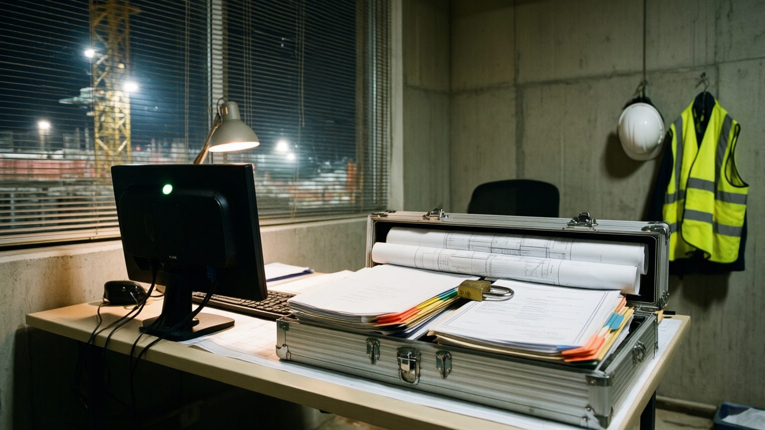 A construction field office at night: a workstation on a plan table beside an open steel case of tabbed bid folders and rolled drawings, a hard hat and vest on the wall