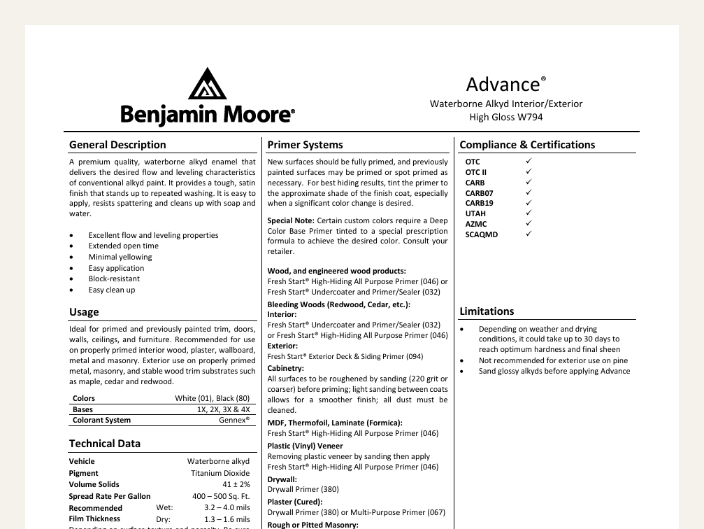 The top of a Benjamin Moore Advance Waterborne Alkyd data sheet: general description, usage, primer systems, and compliance columns, as the manufacturer published it