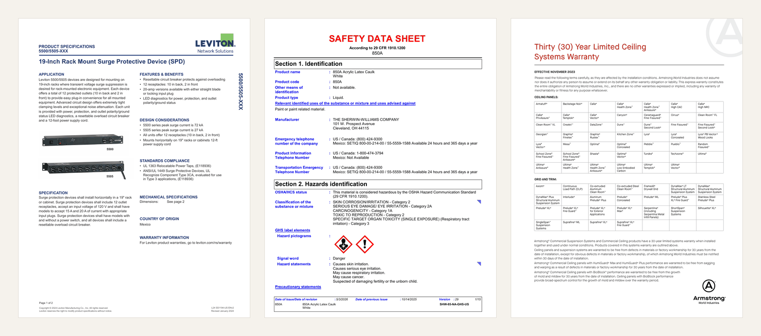 Three first pages side by side: a Leviton product specification sheet, a Sherwin-Williams safety data sheet with its hazard pictograms, and an Armstrong thirty-year ceiling systems warranty
