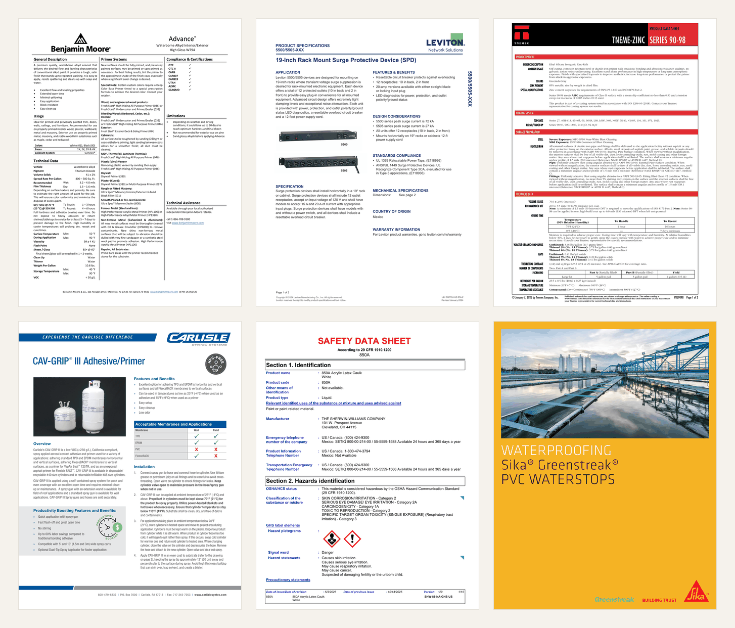 Six first pages of manufacturer literature laid out on a sand background: a Benjamin Moore paint data sheet, a Leviton surge protector specification, a Tnemec zinc primer data sheet, a Carlisle roofing adhesive sheet, a Sherwin-Williams safety data sheet, and a Sika waterstop brochure cover