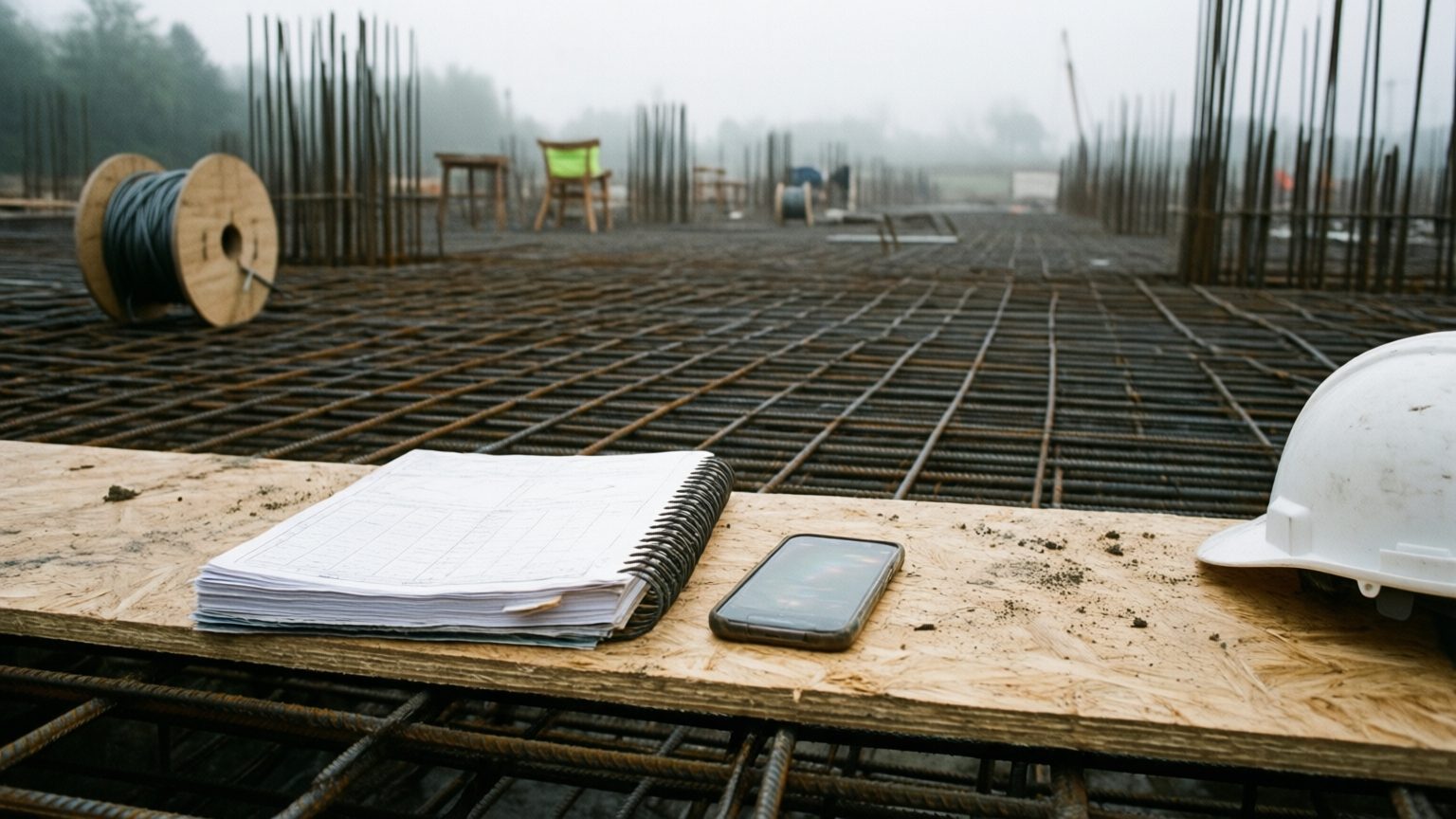 A rebar mat on chairs inside plywood forms before a pour, dowels and a tie wire spool behind in the fog, and on a sheet of plywood in the foreground a spiral bound spec book, a phone and a white hard hat