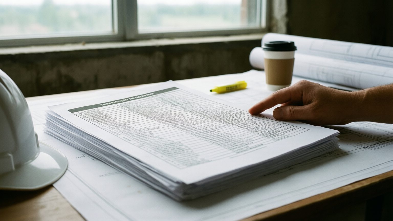 A printed set of submittal documents front page up on a plan table, a finger resting on one row