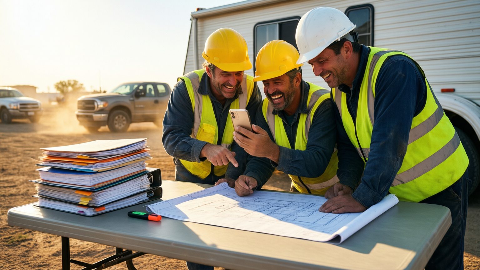Three construction workers laughing around one phone at a plan table outside a field trailer