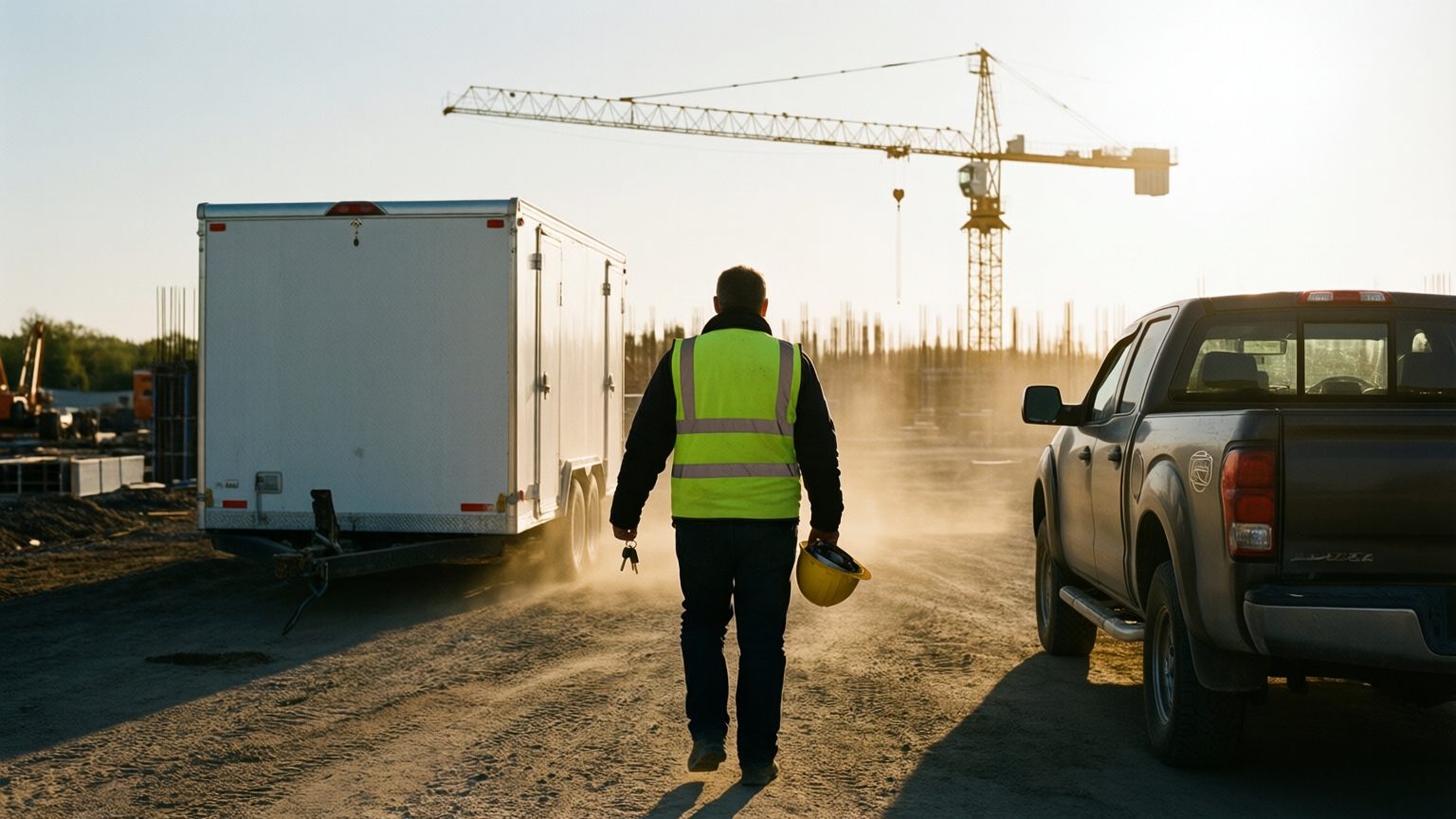 A project manager walking from a field trailer toward a pickup at golden hour, hard hat under one arm