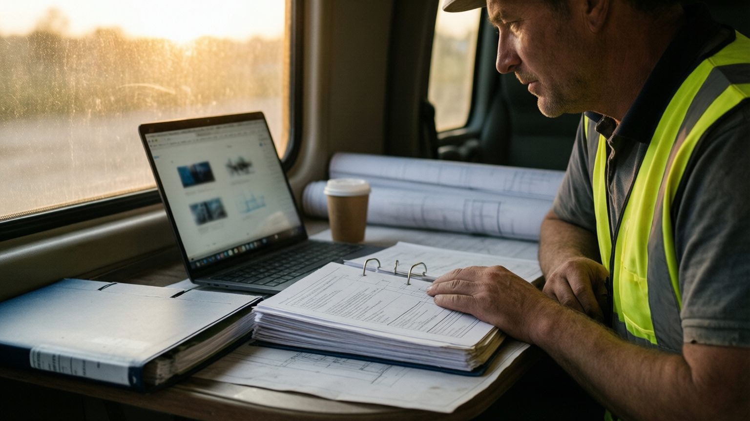 A project engineer in a hi-vis vest at a laptop in a field trailer, a tabbed project manual under one hand