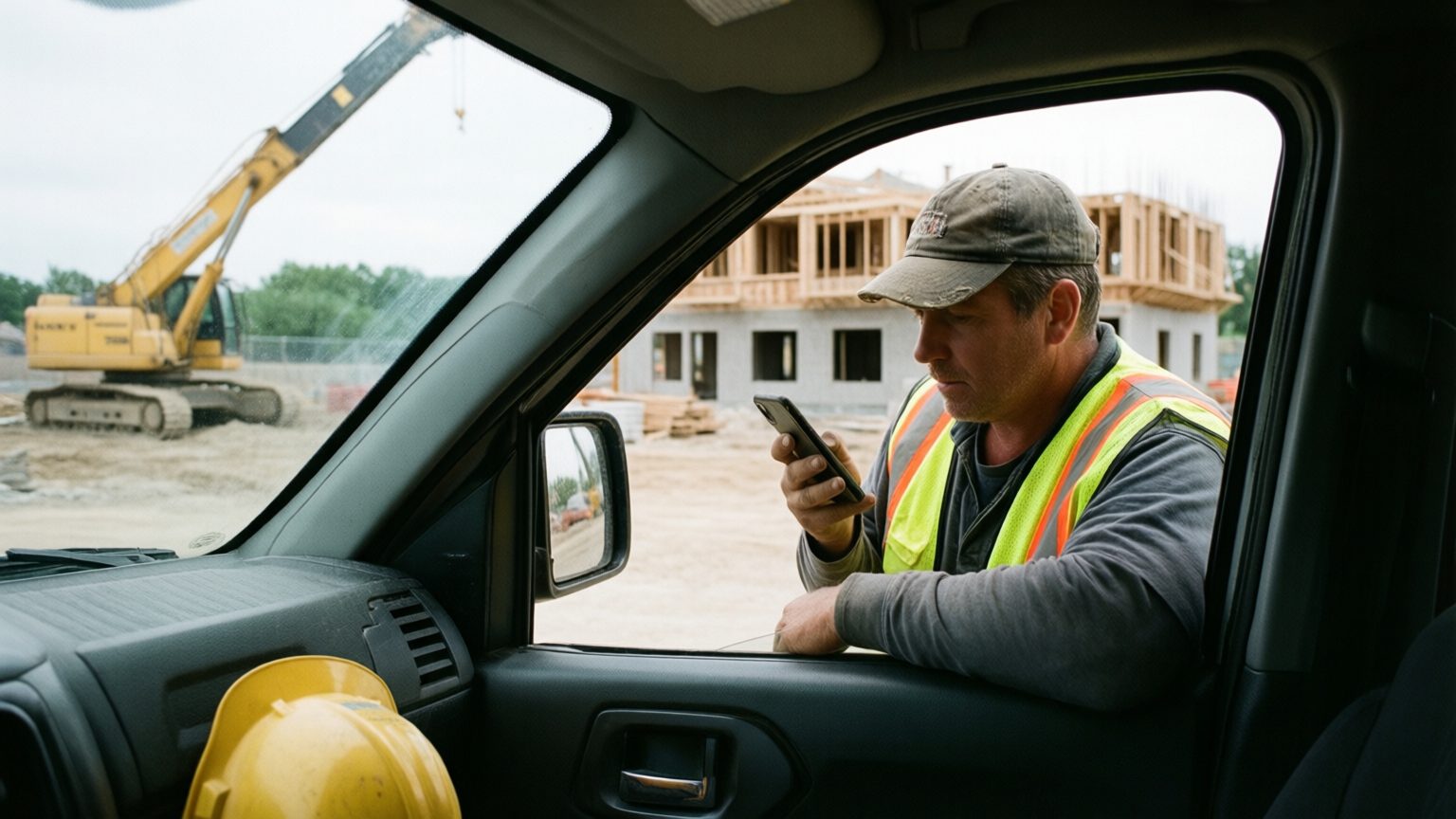 A superintendent at a pickup on a construction site with his phone in hand