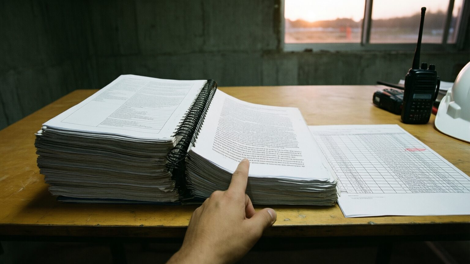 A thick spiral-bound project manual open deep into its pages on a field office plan table, a finger resting on one dense paragraph, a printed spreadsheet log beside it with one row circled in red