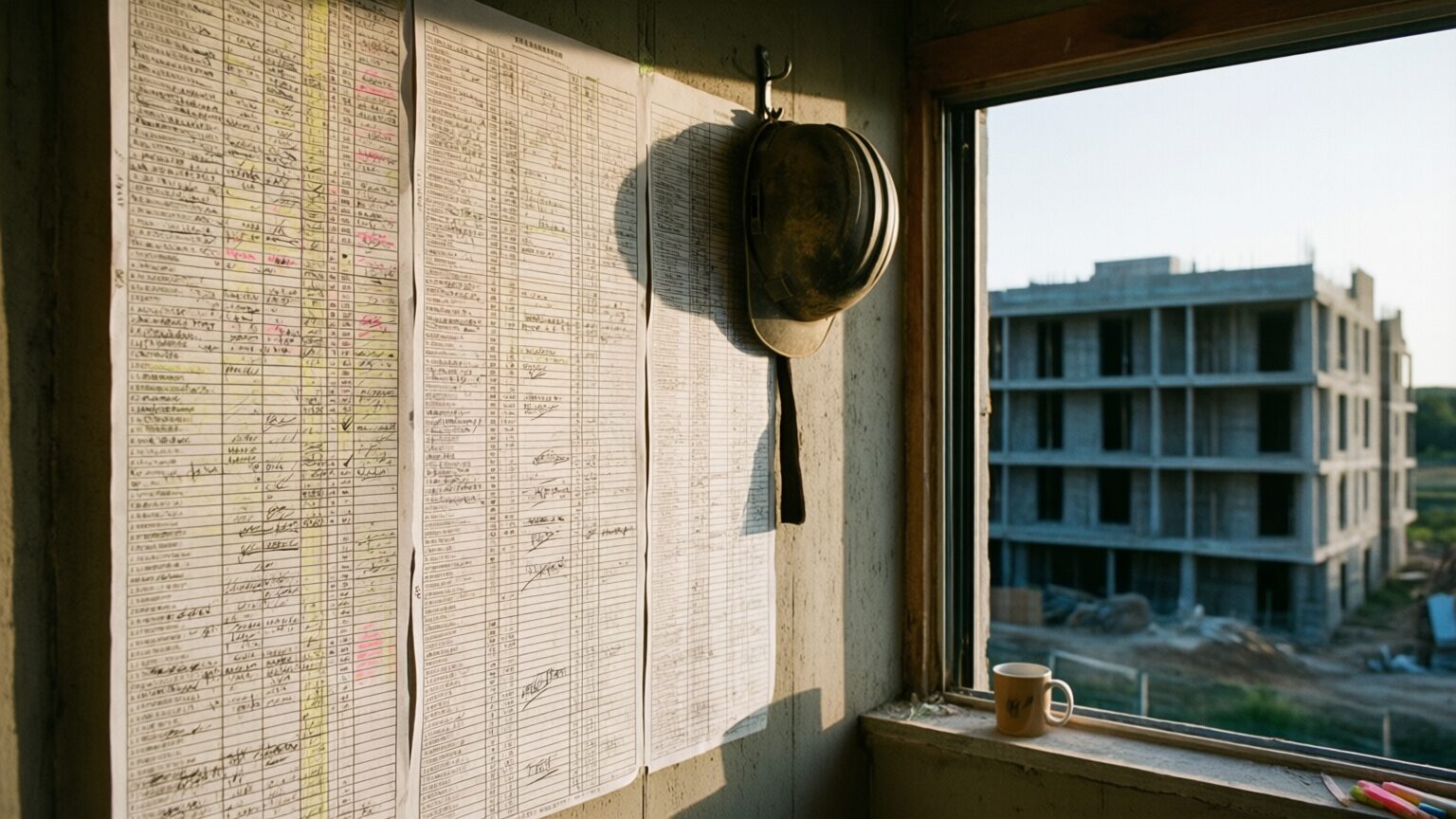 A long printed submittal log pinned to a jobsite trailer wall in several sheets, dense with handwritten marks and highlighter, a nearly finished building through the window beside it