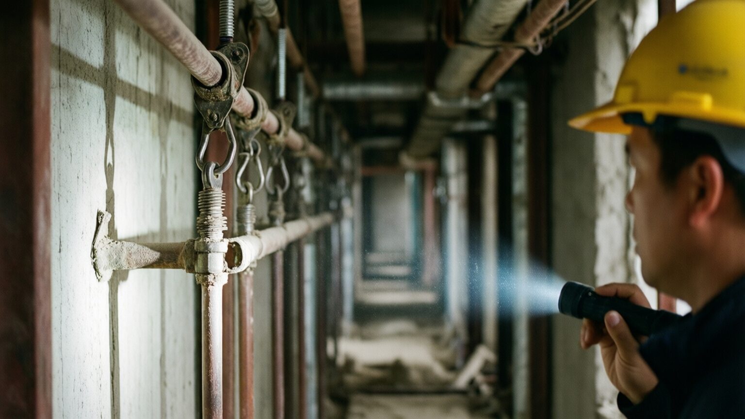A mechanical corridor under construction, pipes hung on clevis hangers from threaded rod along the wall, an inspector in a yellow hard hat shining a flashlight down the run