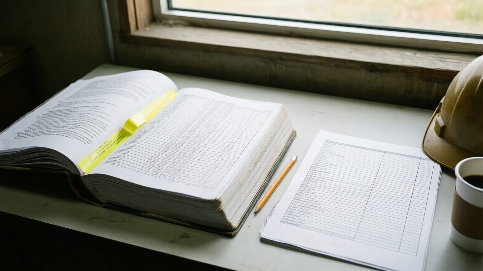 A plan table seen from standing height, a thick specification volume open with one paragraph highlighted, a printed log beside it with a pencil resting between the two, a hard hat and coffee at the far edge