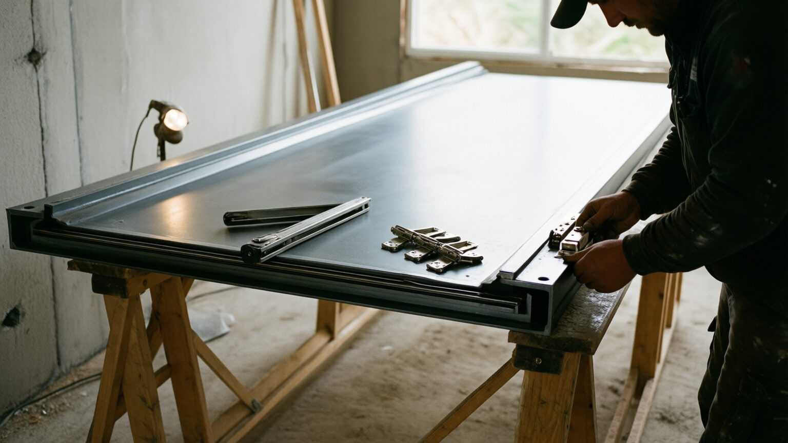 A commercial steel door slab laid across sawhorses in an unfinished corridor, an installer's hands fitting a mortise lockset, a door closer and stainless hinges laid out beside it