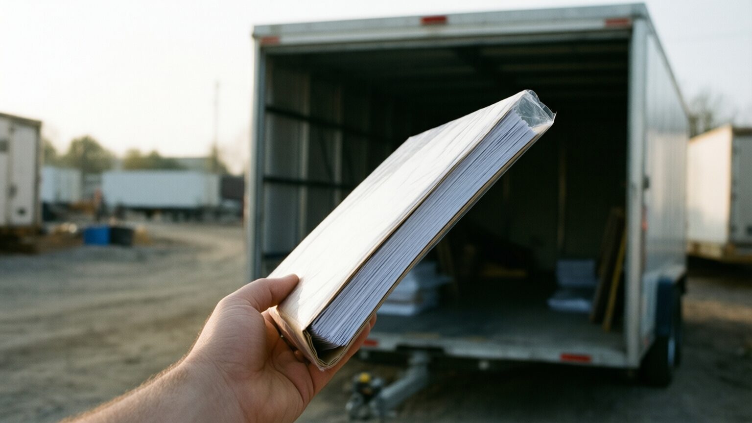 A hand holding a thick clear-covered submittal package by its edge, the weight bending it, an open box trailer stacked with more of them out of focus behind