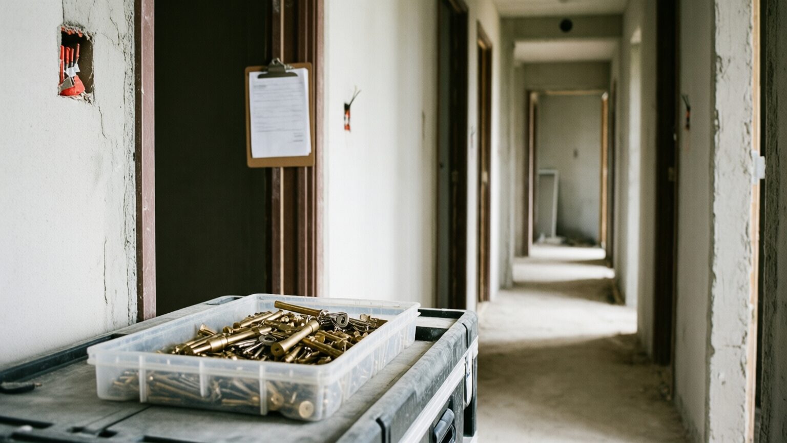 A clear tray of brass key cylinders and keys on a job box in an unfinished corridor, a clipboard hanging on the door frame beside it, door openings running down the hall