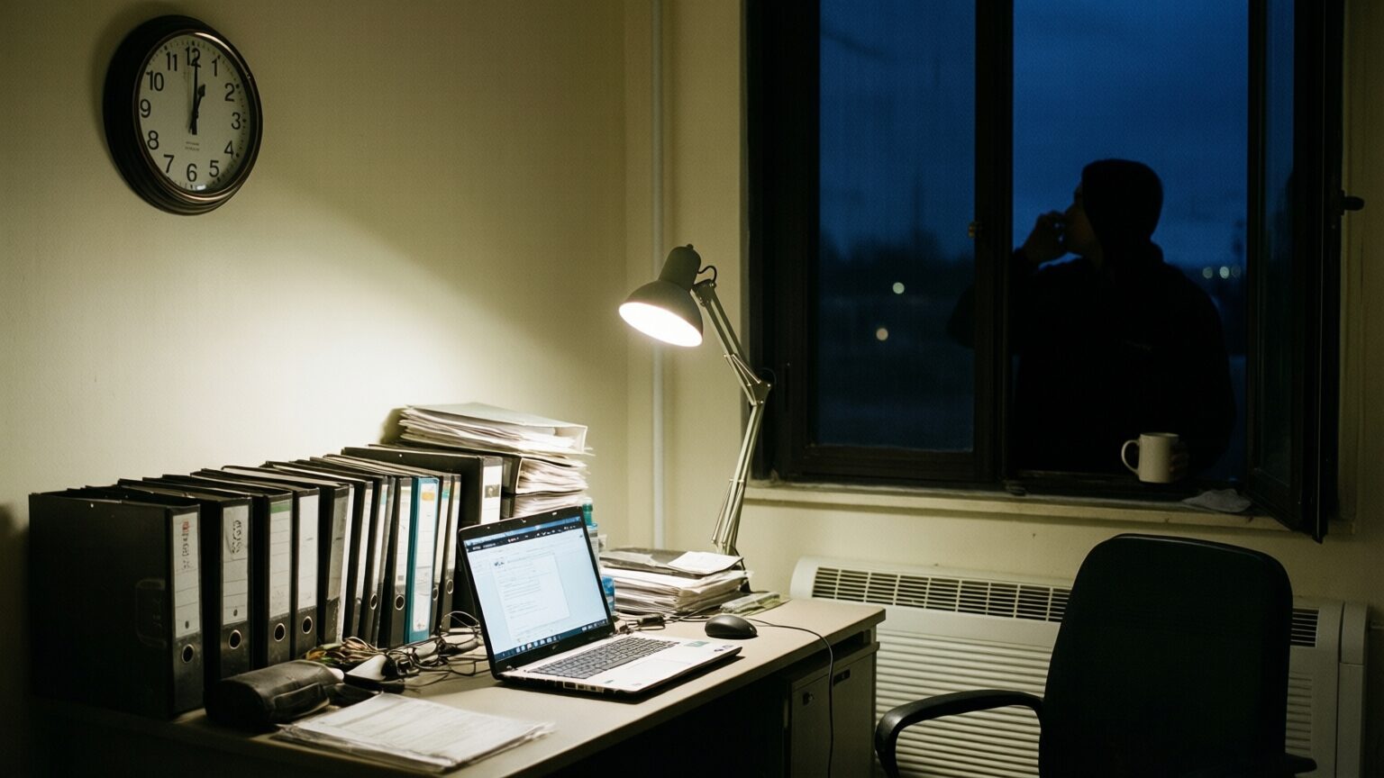 A site office at night with a wall clock, a desk lamp over a laptop and a row of binders, one person silhouetted at the dark window with a mug