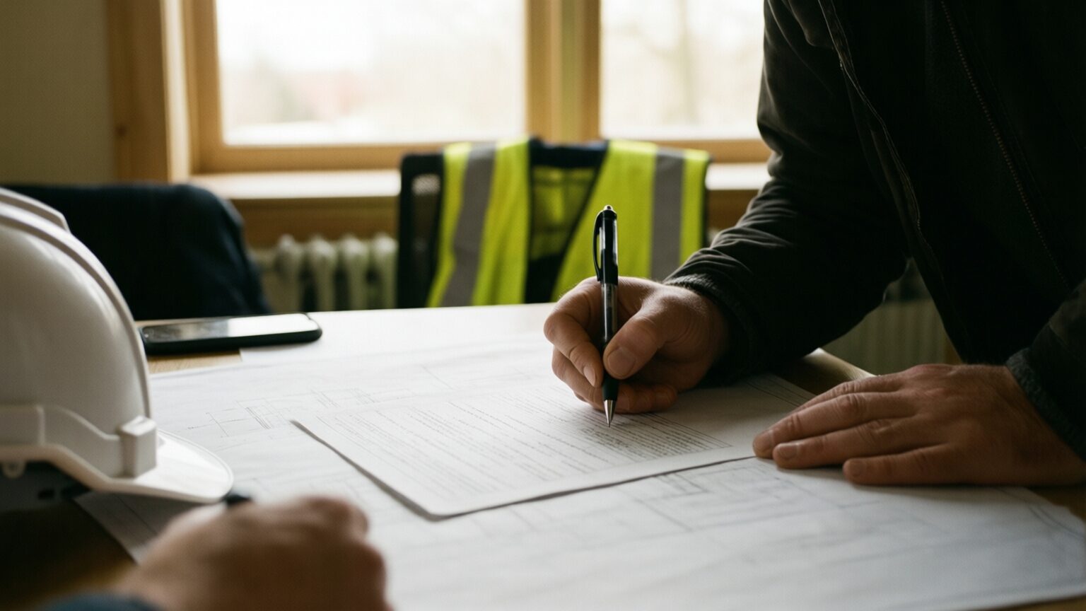 A project manager's hand signing the bottom of a printed sheet on a plan table, a white hard hat and a phone beside it, a hi-vis vest over the chair by the window