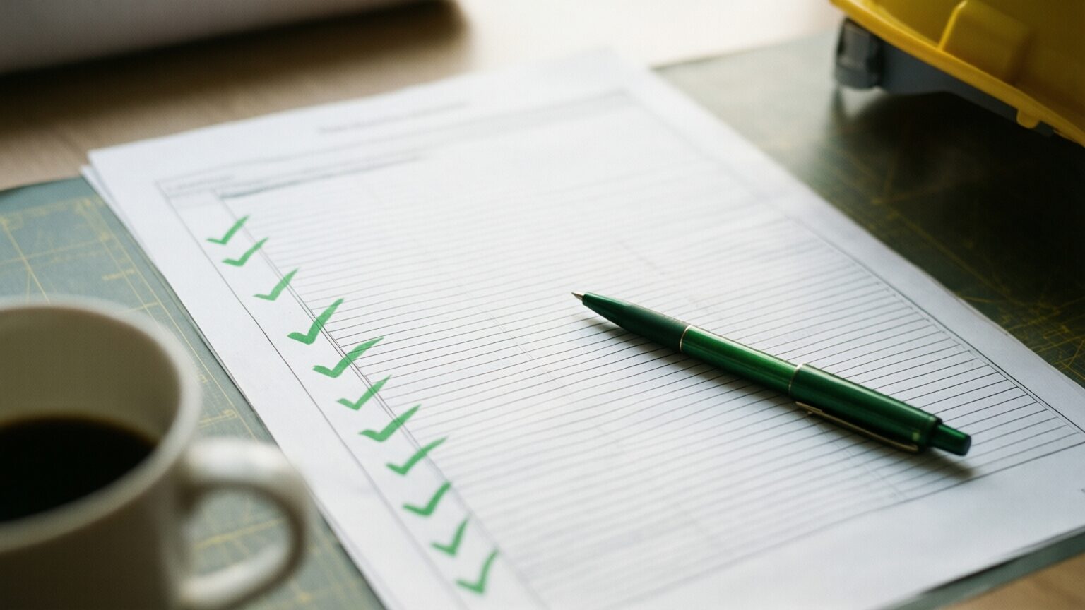 Overhead view of a printed list on a plan table with green check marks down the margin, a green pen resting across it, a coffee and a hard hat at the edge