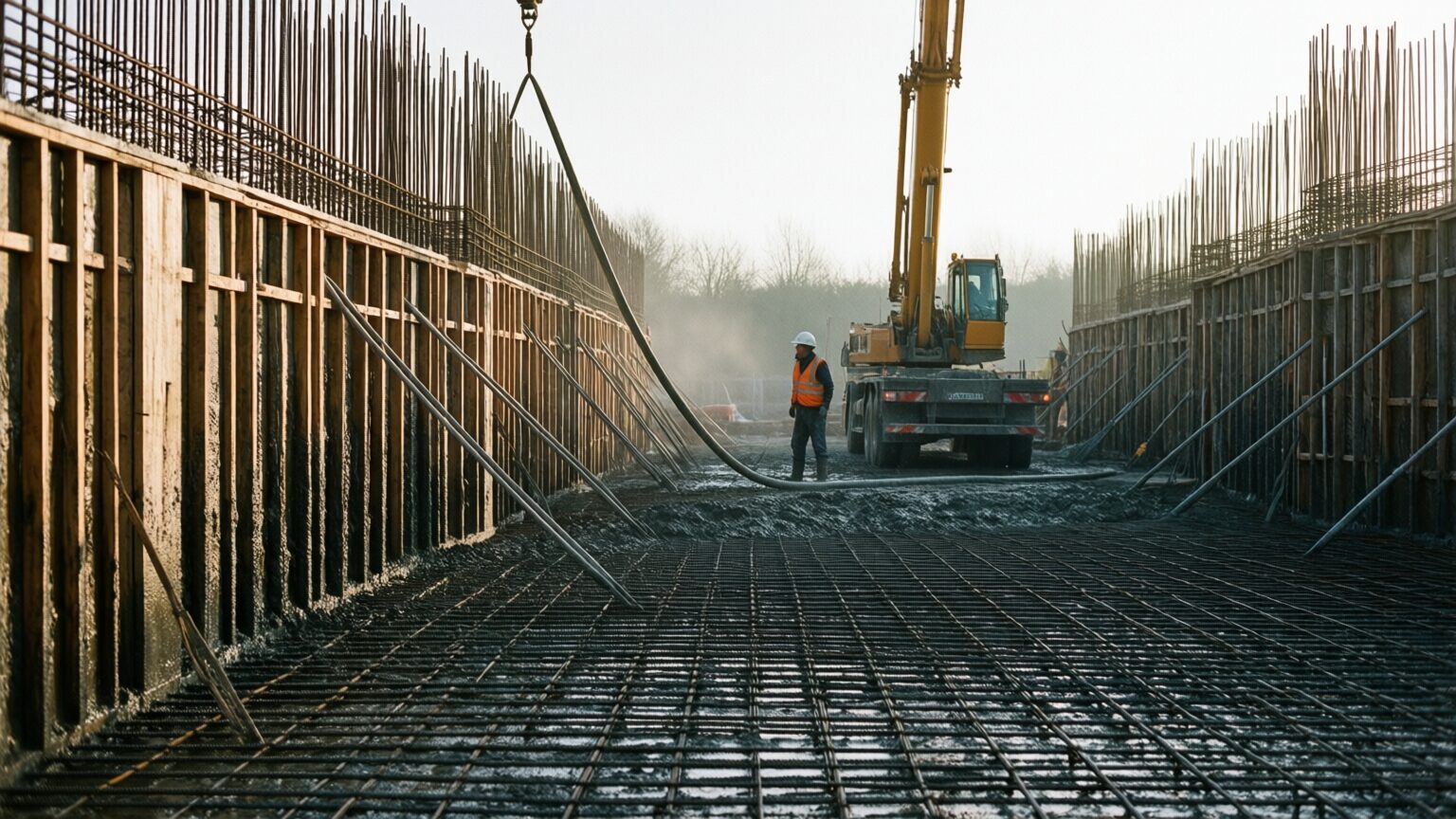 A cast-in-place concrete wall pour, a worker in hi-vis guiding the pump hose over dense rebar and plywood formwork in early light