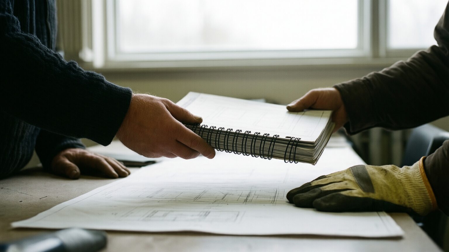 Two hands passing a thick spiral-bound project manual across a plan table in a field office, one hand in a work glove