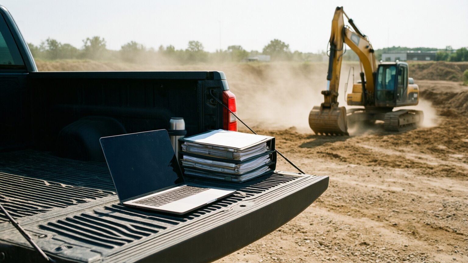 A pickup tailgate at midday with a laptop open beside a stack of thick binders and a thermos, an excavator digging in the dust behind