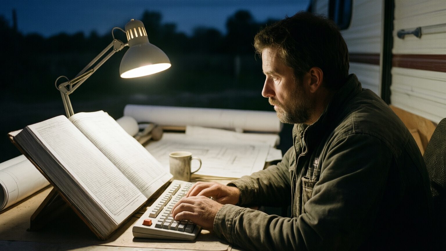 A project engineer at night in a trailer typing at a keyboard while reading from a thick specification volume propped open on a stand, a desk lamp and rolled drawings behind