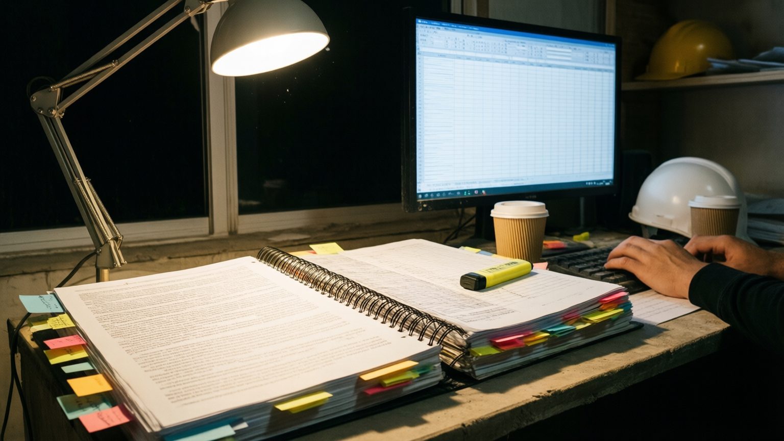 A project engineer's desk late at night: a tabbed project manual open under a lamp with a highlighter in the gutter, hands on a keyboard, an empty spreadsheet on the monitor, two coffee cups