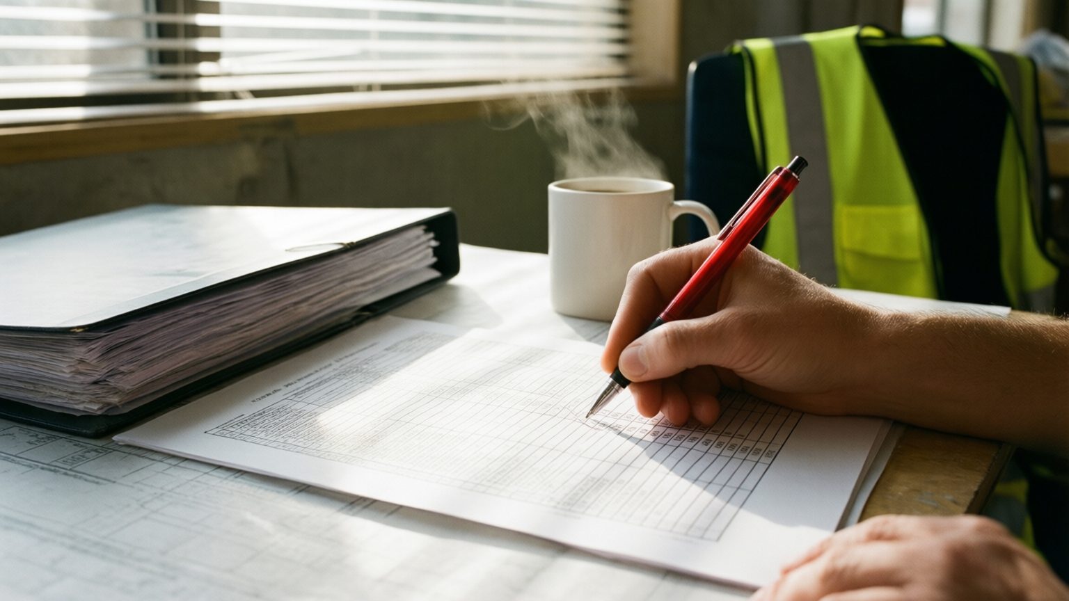 A field office in morning light: a printed log of many rows flat on a plan table, a red pen marking one row, the tabbed project manual closed to the side, a mug of coffee