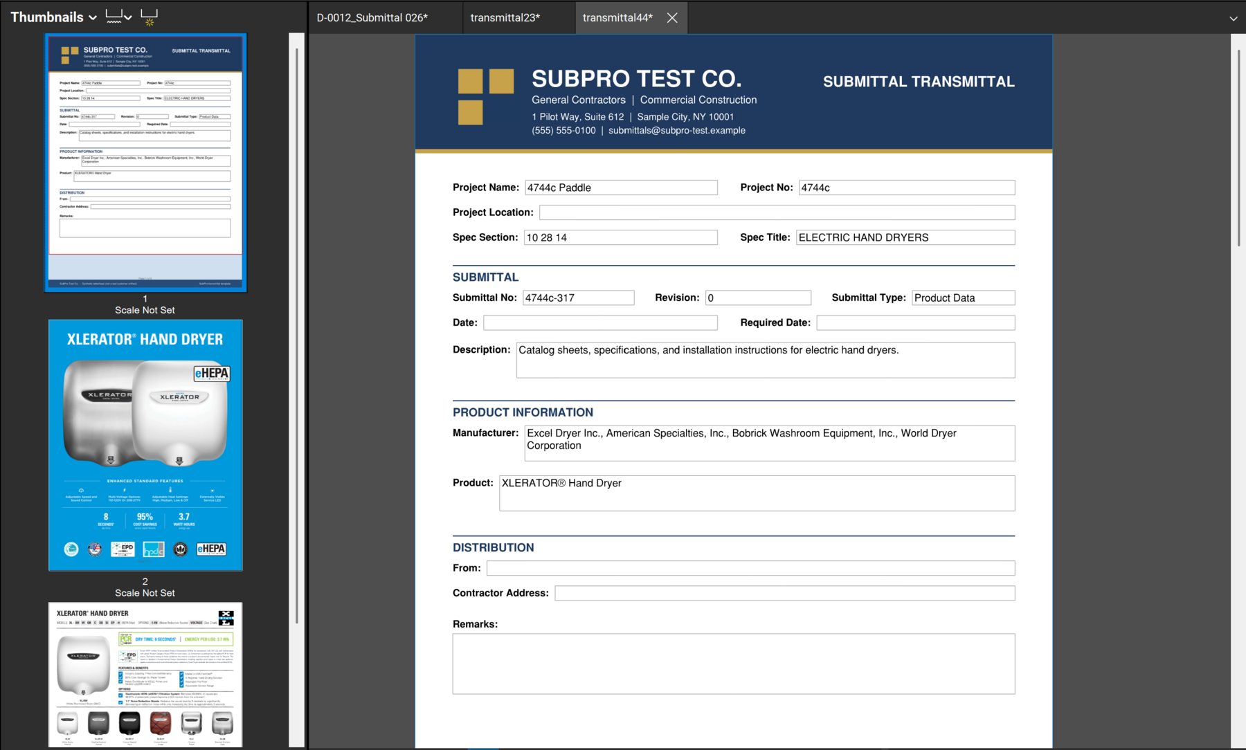 SubPro completed package preview with transmittal and product documentation