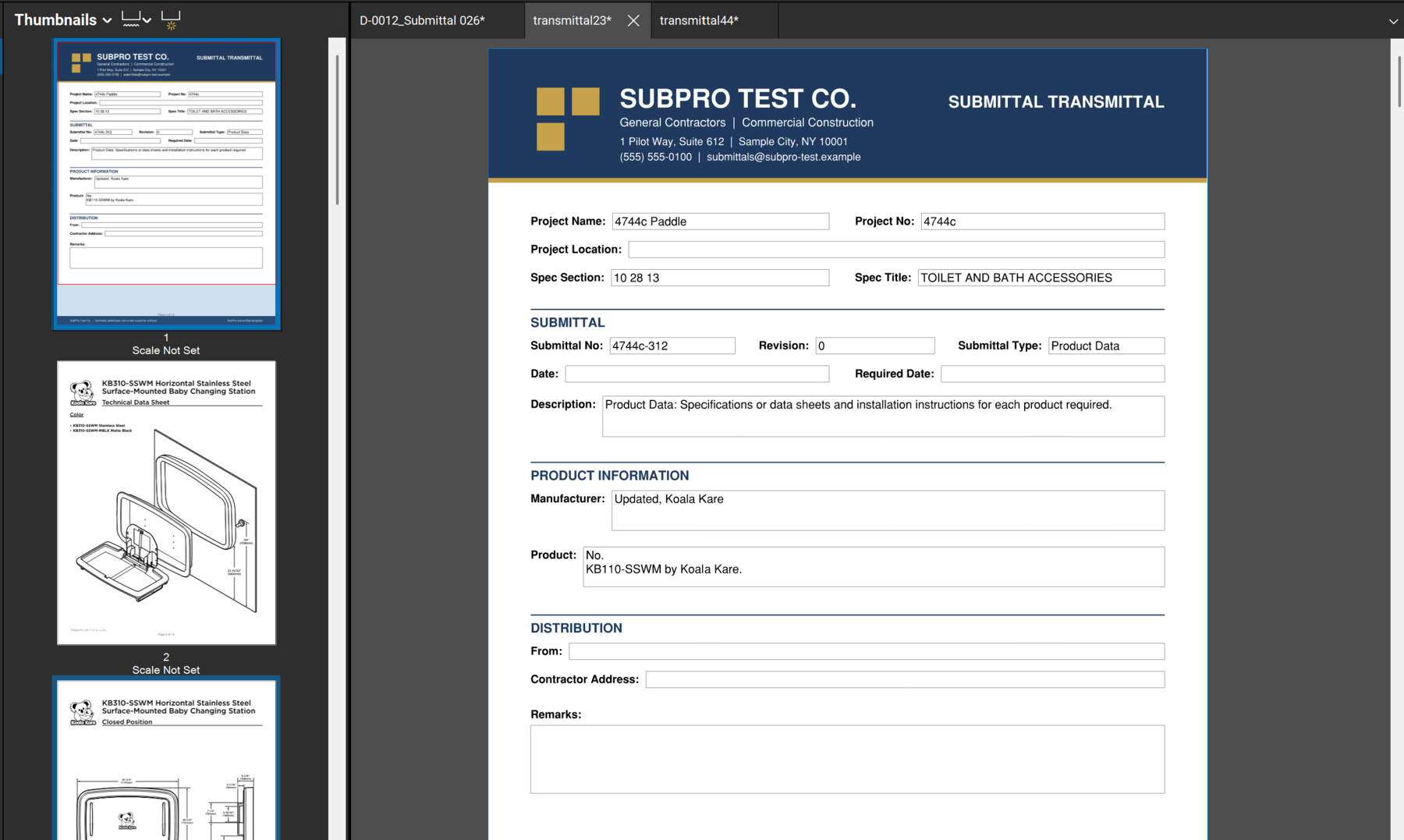 SubPro package product pages assembled behind a submittal cover