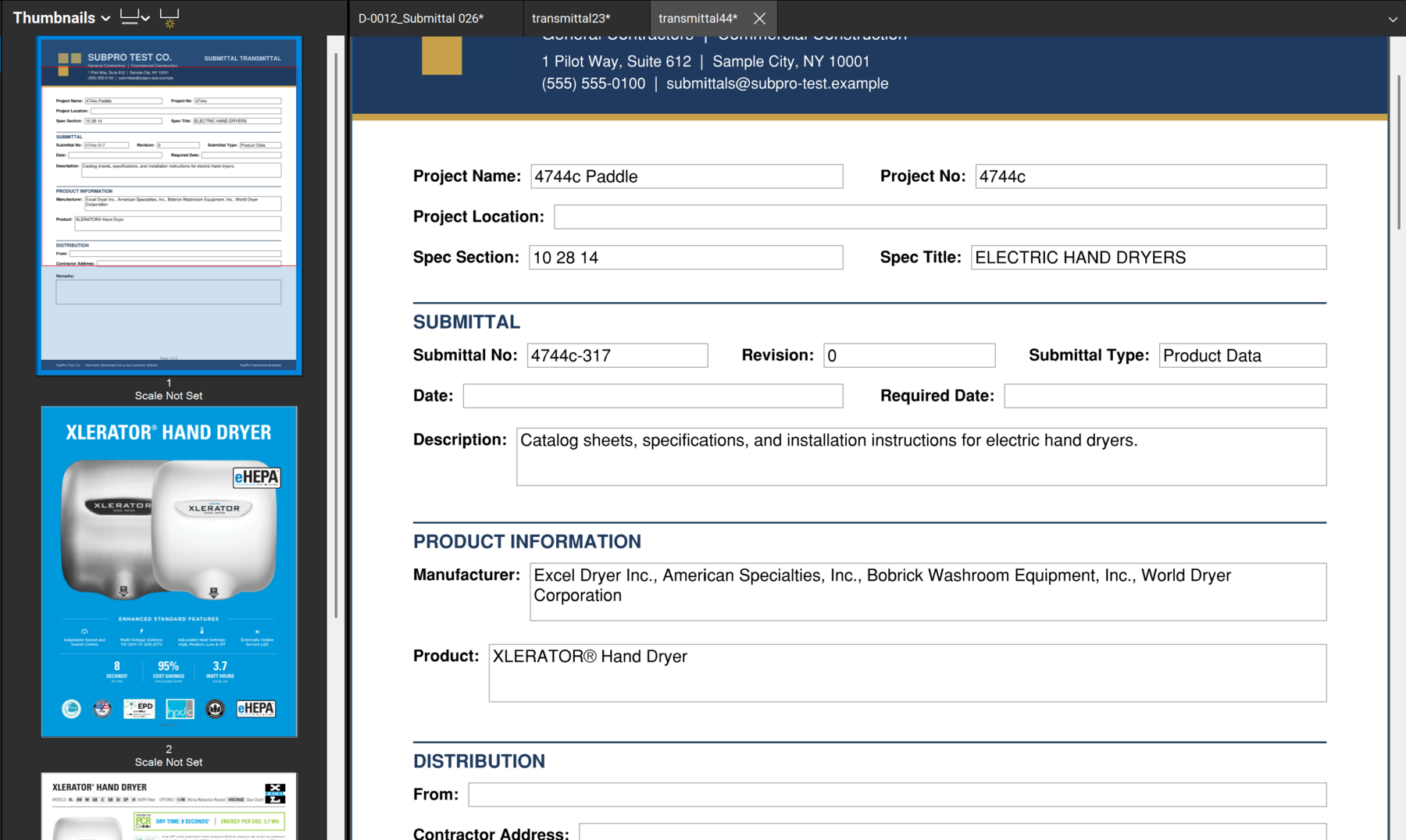 SubPro transmittal cover page for a submittal package