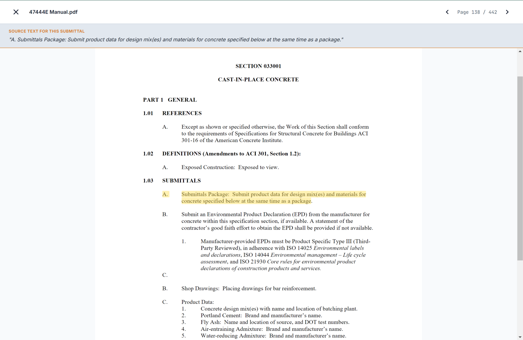 SubPro source PDF view highlighting the requirement behind a row
