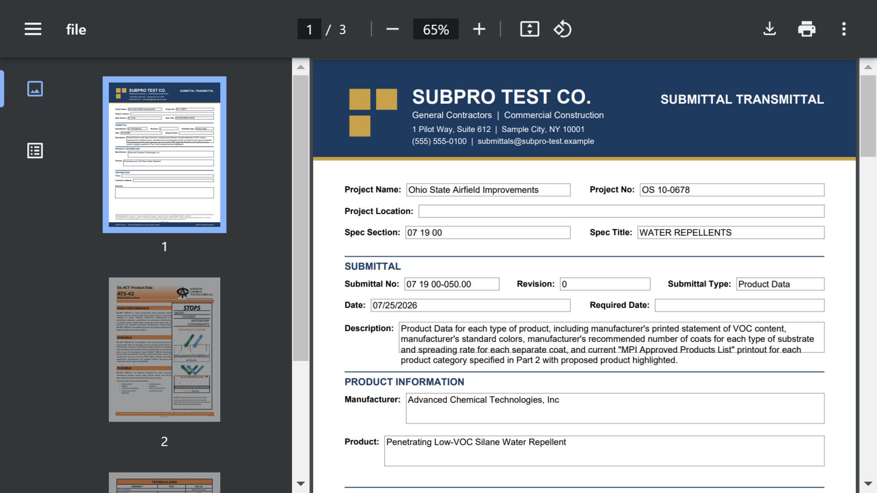 A completed three-page transmittal for Section 07 19 00 Water Repellents on the Ohio State Airfield sample, manufacturer and product filled in, the data sheet behind it in the rail