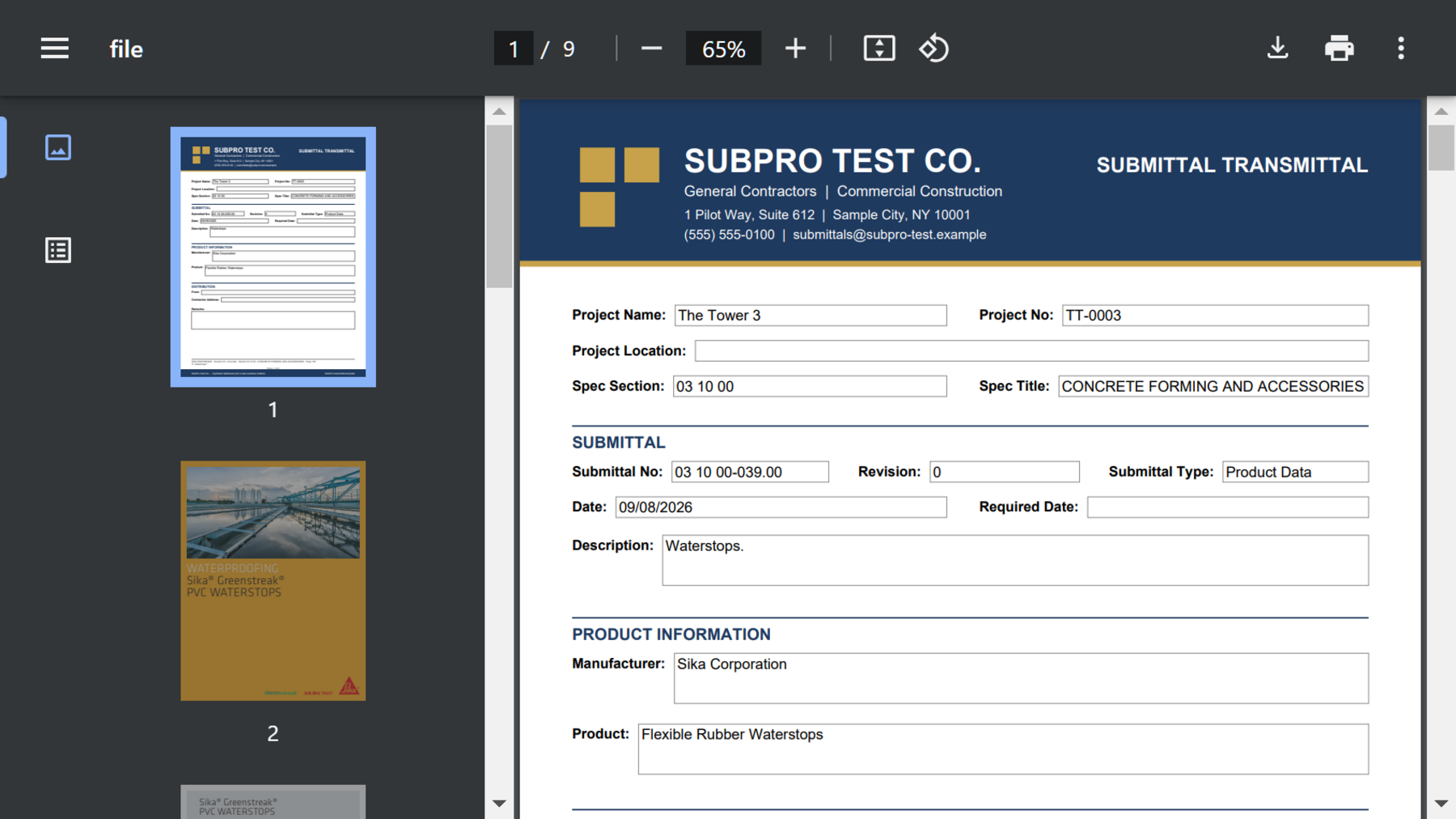 A bound nine-page waterstop package for Section 03 10 00 open in the PDF viewer, the transmittal cover for The Tower 3 on page one and the Sika product literature in the thumbnail rail