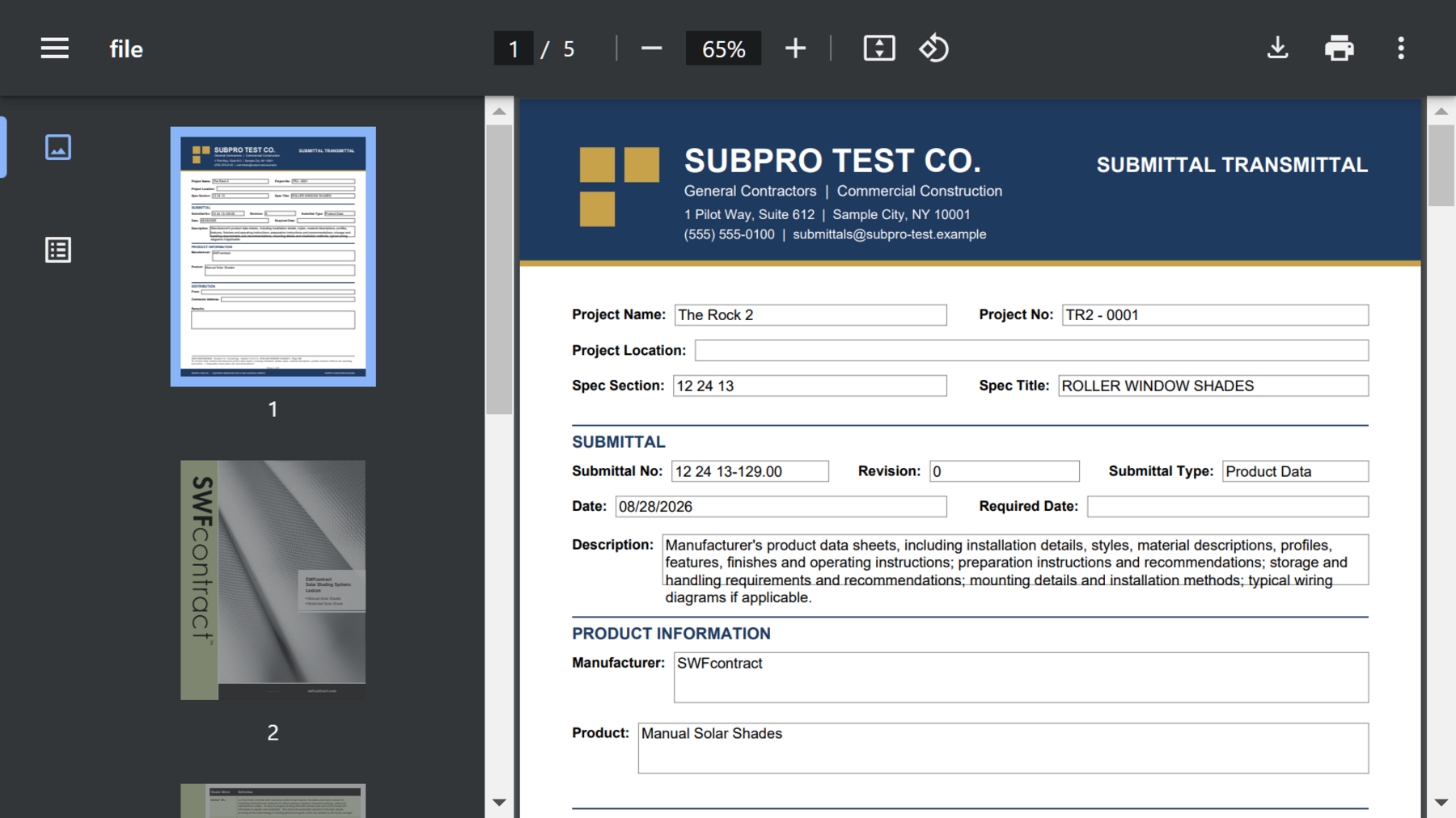 A finished five-page submittal package for roller window shades open in the PDF viewer, the transmittal cover on page one and the manufacturer's pages in the thumbnail rail